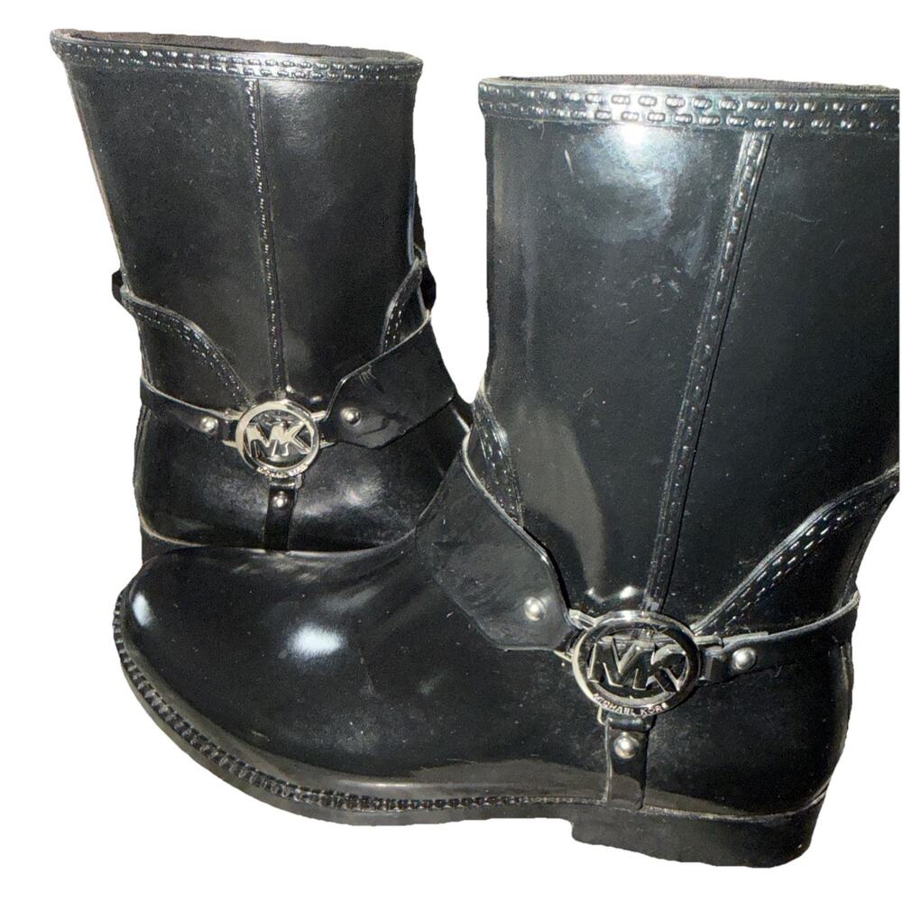 Michael Kors FULTON HARNESS Black Rain Bootie Ankle Boots Shoes US 8 SRB
